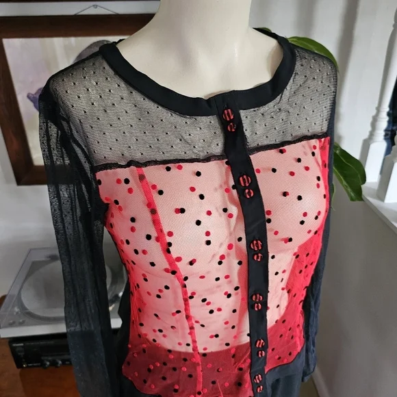 Aventures des Toiles black red polka dot whimsigoth sheer button-down shirt - Picture 2 of 12